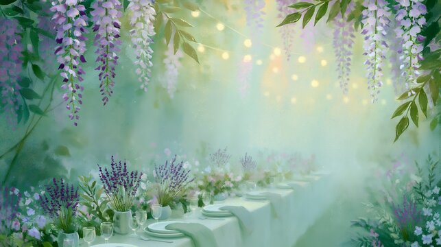 Garden wedding scene with wisteria and lavender table setting