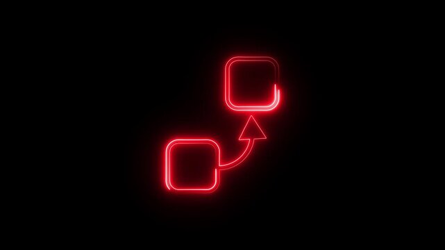 Neon red flow chart icon showing process progress connected with arrow on darkness.