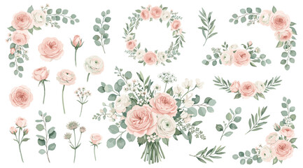 Set of floral branch. Flower pink rose, green leaves. Wedding concept with flowers. Floral poster, invite. Vector arrangements for greeting card or invitation design © Vova