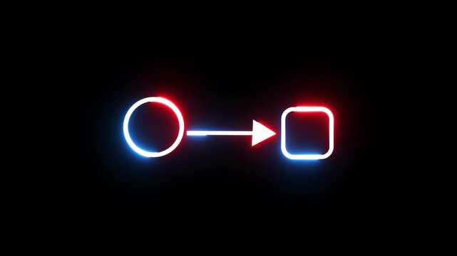 Glowing neon circle and square shapes with arrow animation on black background loop.