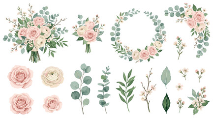 Set of floral branch. Flower pink rose, green leaves. Wedding concept with flowers. Floral poster, invite. Vector arrangements for greeting card or invitation design © Vova