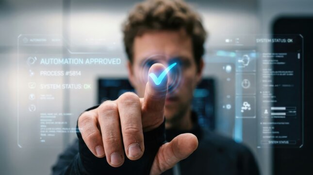 Man touching virtual screen with approved automation check mark. Digital processing interface showing successful system status. Futuristic technology for business control and workflow.