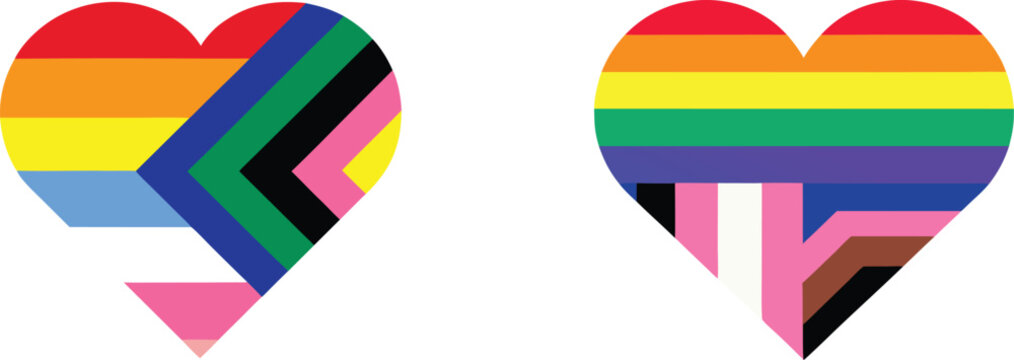 Two hearts in pride flag colors, lgbtq+ community symbol for love and diversity isolated on transparency background.