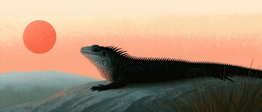 Lonely iguana watches sun set over mountainside