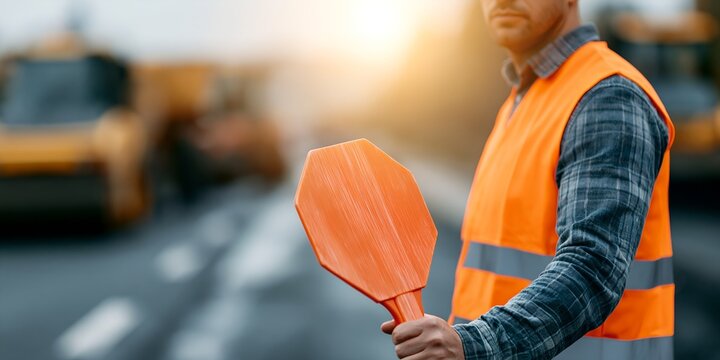 High-visibility vest worker with hand-held warning sign