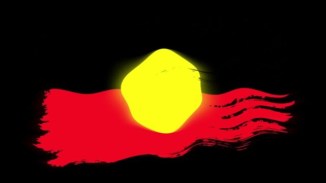 Waving torn Australian Aboriginal - Mariya flag grunge brush burn light leaks, transparent background alpha channel loop full HD