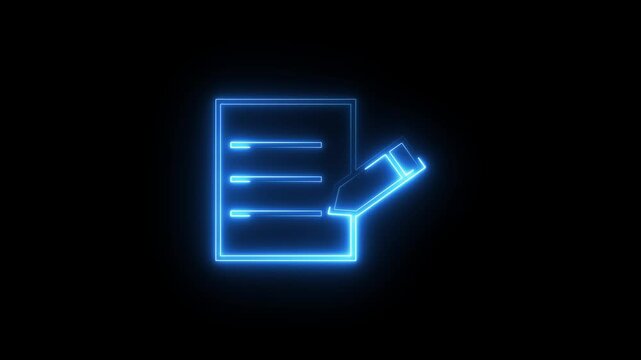 Neon blue outline of document icon with pencil drawing on page for business digital.