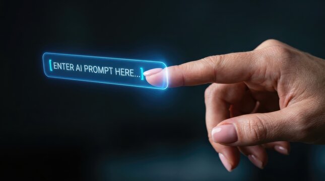 Hand touching glowing AI prompt interface. Artificial intelligence technology concept.