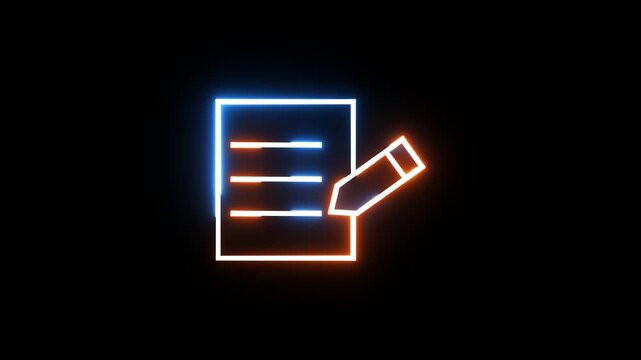 Neon glowing document and pencil icon animation on black background digital symbol.