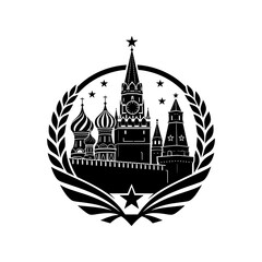 Masterpiece Red Square icon featuring the iconic Saint Basil's Cathedral skyline with elegant onion domes arranged in a harmonious circular composition. Premium black and white vector emblem ideal for © puntip_a