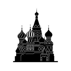 Masterpiece Red Square icon featuring the iconic Saint Basil's Cathedral skyline with elegant onion domes arranged in a harmonious circular composition. Premium black and white vector emblem ideal for © puntip_a
