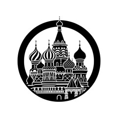 Masterpiece Red Square icon featuring the iconic Saint Basil's Cathedral skyline with elegant onion domes arranged in a harmonious circular composition. Premium black and white vector emblem ideal for © puntip_a