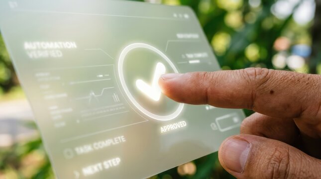 Man finger touching virtual screen with automation verified status and approved check mark. Futuristic digital interface for task management and artificial intelligence workflow process.