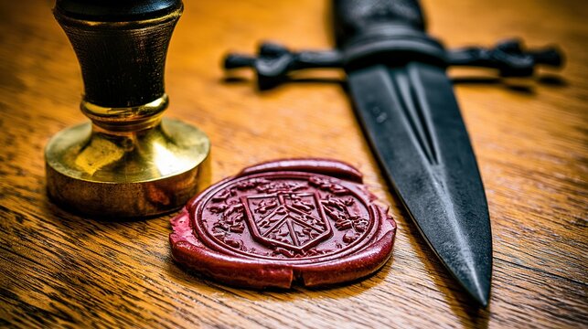 Broken family crest seal with unsheathed dagger on wood surface, realistic light, historical conflict still life
