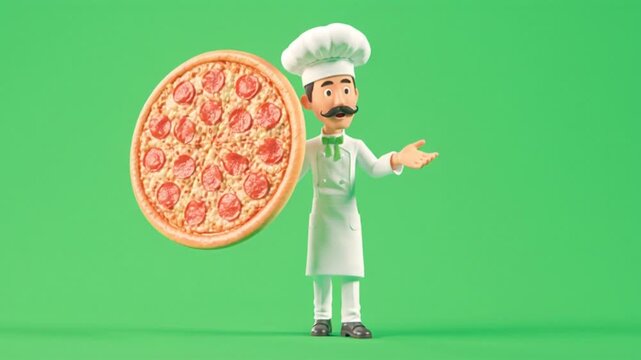 A 3D chef is standing with a pitza in his hand and showing it towards the camera, supported by a green background