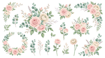 Set of floral branch. Flower pink rose, green leaves. Wedding concept with flowers. Floral poster, invite. Vector arrangements for greeting card or invitation design © Vova
