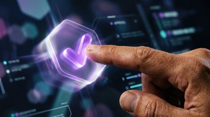 Fototapeta premium Businessman touching holographic check mark on digital interface. AI automation approving task in virtual system. Innovative technology for business process management and smart workflow.