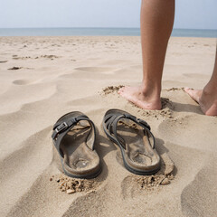 Fototapeta premium Technical Drawing Bank Quiet. Wanderer Walks Barefoot On Grassy Bank