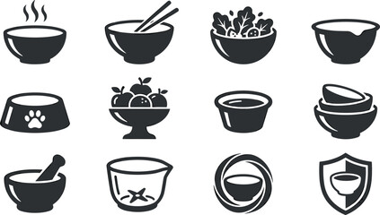 Fototapeta premium Culinary and Household Bowl Glyph Icon Set with Hot Soup Rice Chopsticks Salad Fruit Basket Pet Dish Mortar Pestle Blender and Kitchen Shield Protection Graphics
