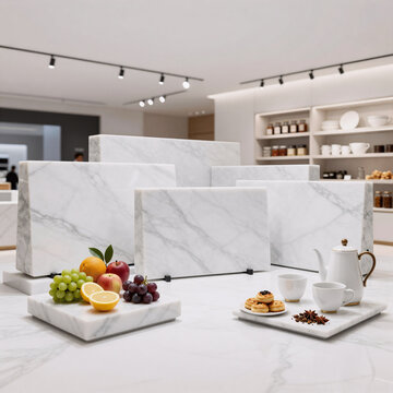 Line Art Marble Perspective. Montage Of Product And Food Displays Against An Empty White Marble Backdrop With Blurred Store Background
