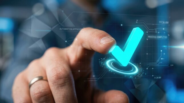 Man touching digital check mark on virtual interface. Automatic workflow approval system. Artificial intelligence monitoring business process completion. Innovation in smart technology.