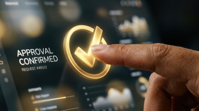 Woman pressing digital screen with glowing check mark confirming AI approval. Automated system task completion and successful request processing. Innovative technology and data interface.