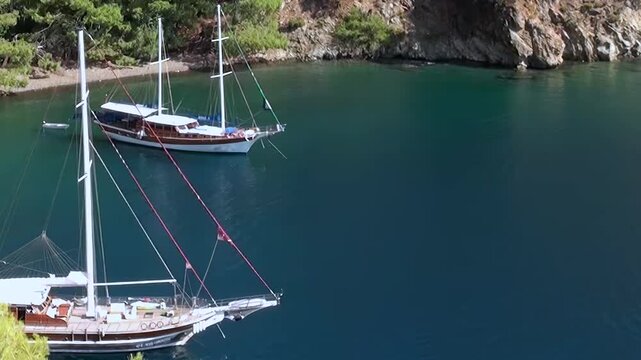 Two majestic sailboats peacefully float on the tranquil turquoise waters of Oludeniz Bay Turkey. Green hills embrace the calm cove under a radiant sun creating a perfect summer day scene.