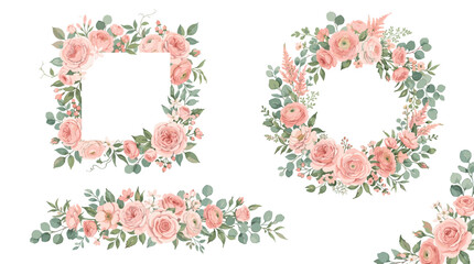 Set of floral branch. Flower pink rose, green leaves. Wedding concept with flowers. Floral poster, invite. Vector arrangements for greeting card or invitation design © Vova
