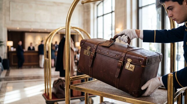 Hotel bellboy handling vintage suitcase on luggage cart