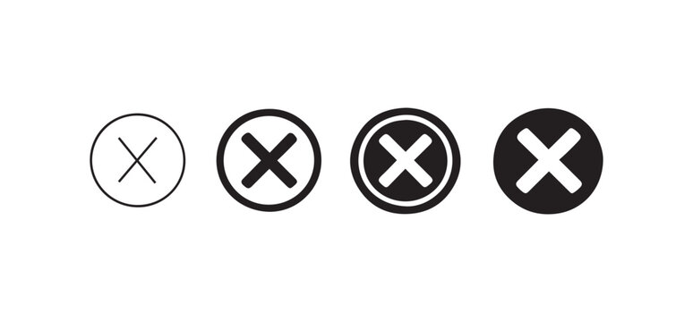 Cross mark icon set with different line weights and filled circle styles for delete, close, and error symbols