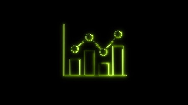 Luminous green neon bar chart animation combined with a fluctuating line graph, illustrating dynamic data analysis, stock market trends, and modern tech analytics.