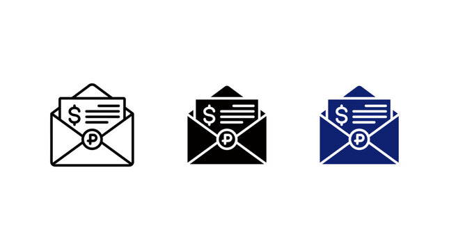 Financial invoice icon set with open envelope billing statement dollar sign and stamp vector for tax payment corporate accounting business statement and payroll concepts
