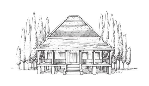 Hand drawn of a stilted house with a wide porch and tall trees architecture