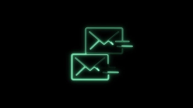 Glow-in-the-dark green neon animation showing dual mailing envelopes with motion lines, representing high-speed email delivery, modern digital marketing, and chat.