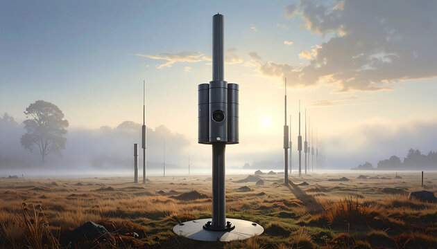A tall, dark cylindrical sensor or antenna pole stands prominently in a vast, misty field with an array of similar structures extending into the distant horizon under a clear sky.