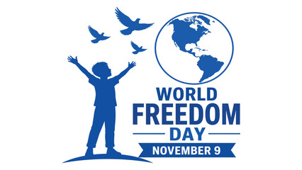 Child stands with arms raised beneath flying doves to celebrate World Freedom Day. © sajida