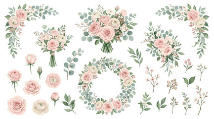Set of floral branch. Flower pink rose, green leaves. Wedding concept with flowers. Floral poster, invite. Vector arrangements for greeting card or invitation design © Vova