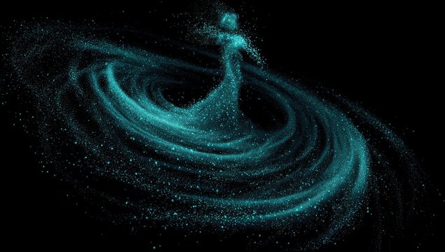 Teal particle swirl creating a swirling, human-like silhouette against a vast black expanse