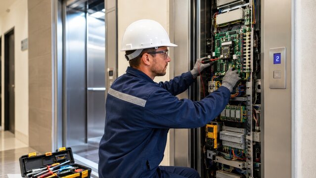 Elevator technician in hard hat repairing elevator control panel in a building hallway