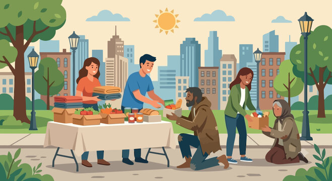 Volunteers helping homeless people, donating food and clothes