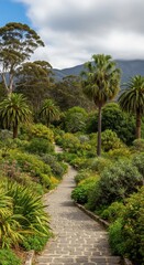 Fototapeta premium Stone Pathway Through Lush Botanical Garden with Palm Trees and Mountains.