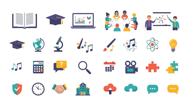 Education icons illustrate academic subjects and learning tools in a colorful set.