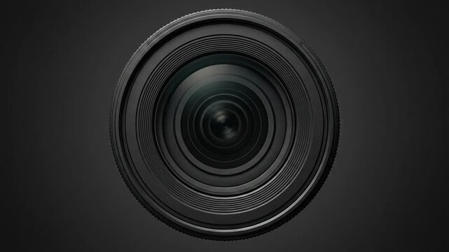 Close up of professional camera lens front glass reflecting light on black background