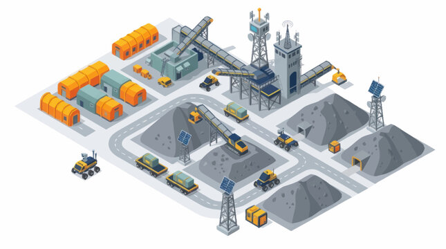 Industrial quarry site with heavy machinery and raw materials.