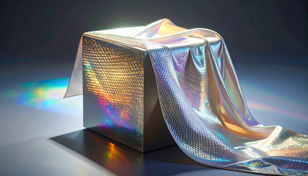 A metallic cube partially covered by a shimmering, iridescent fabric, reflecting a spectrum of light in a studio setting.