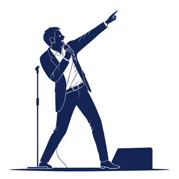 energetic speaker silhouette pointing forward on stage holding microphone vector