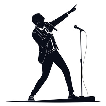 energetic speaker silhouette pointing forward on stage holding microphone vector