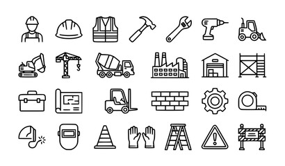 Labor construction and industry editable line icon set with workers tools and buildings © MstSompa