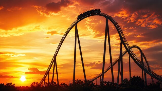 Silhouetted roller coaster train cresting a peak against a dramatic orange sunset sky