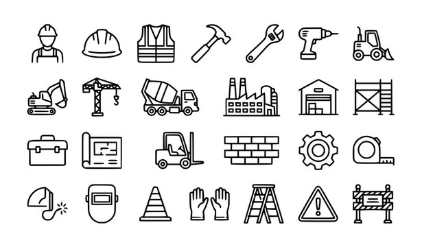 Labor construction and industry editable line icon set with workers tools and buildings